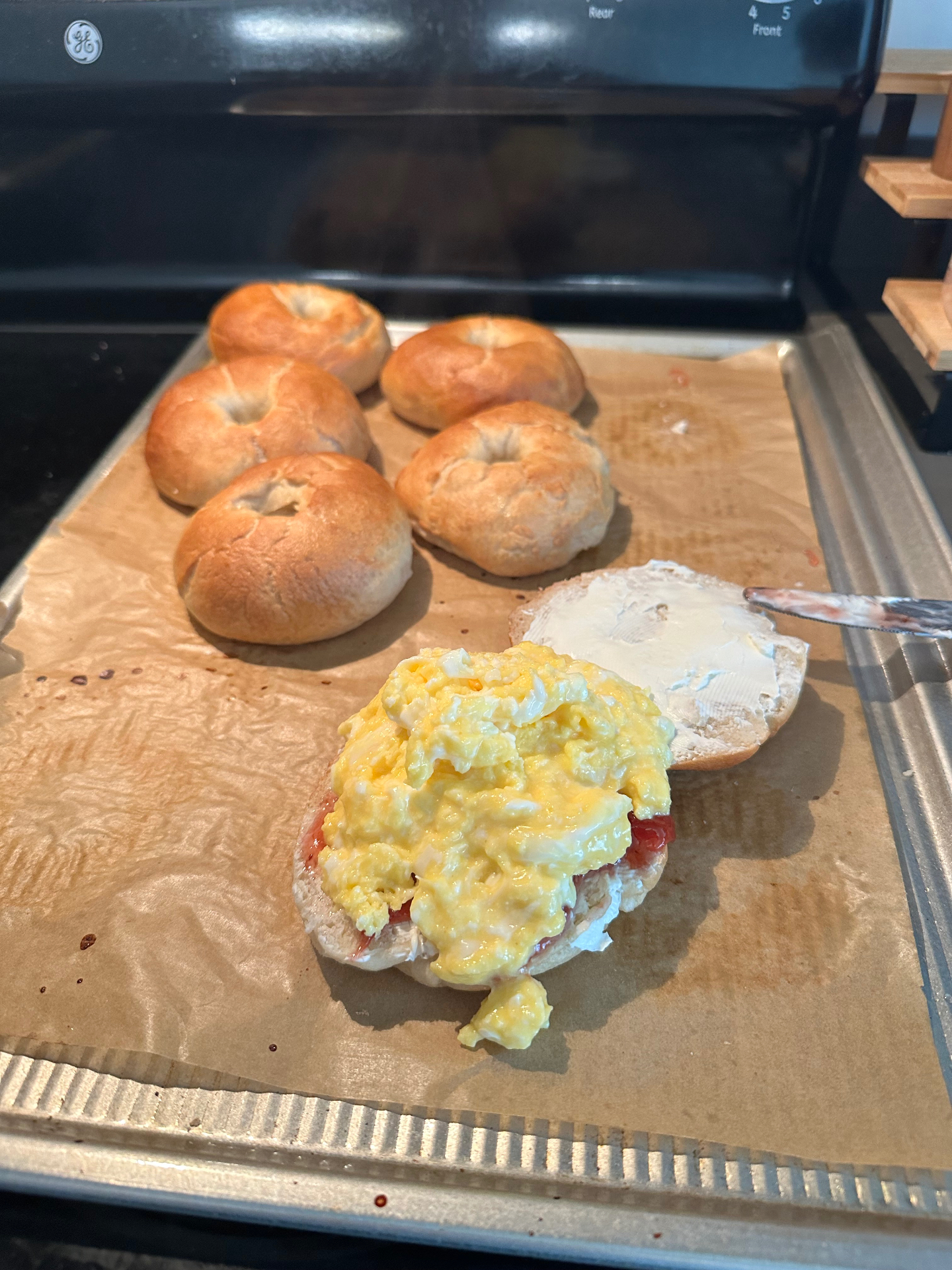 Sourdough bagels on a baking tray