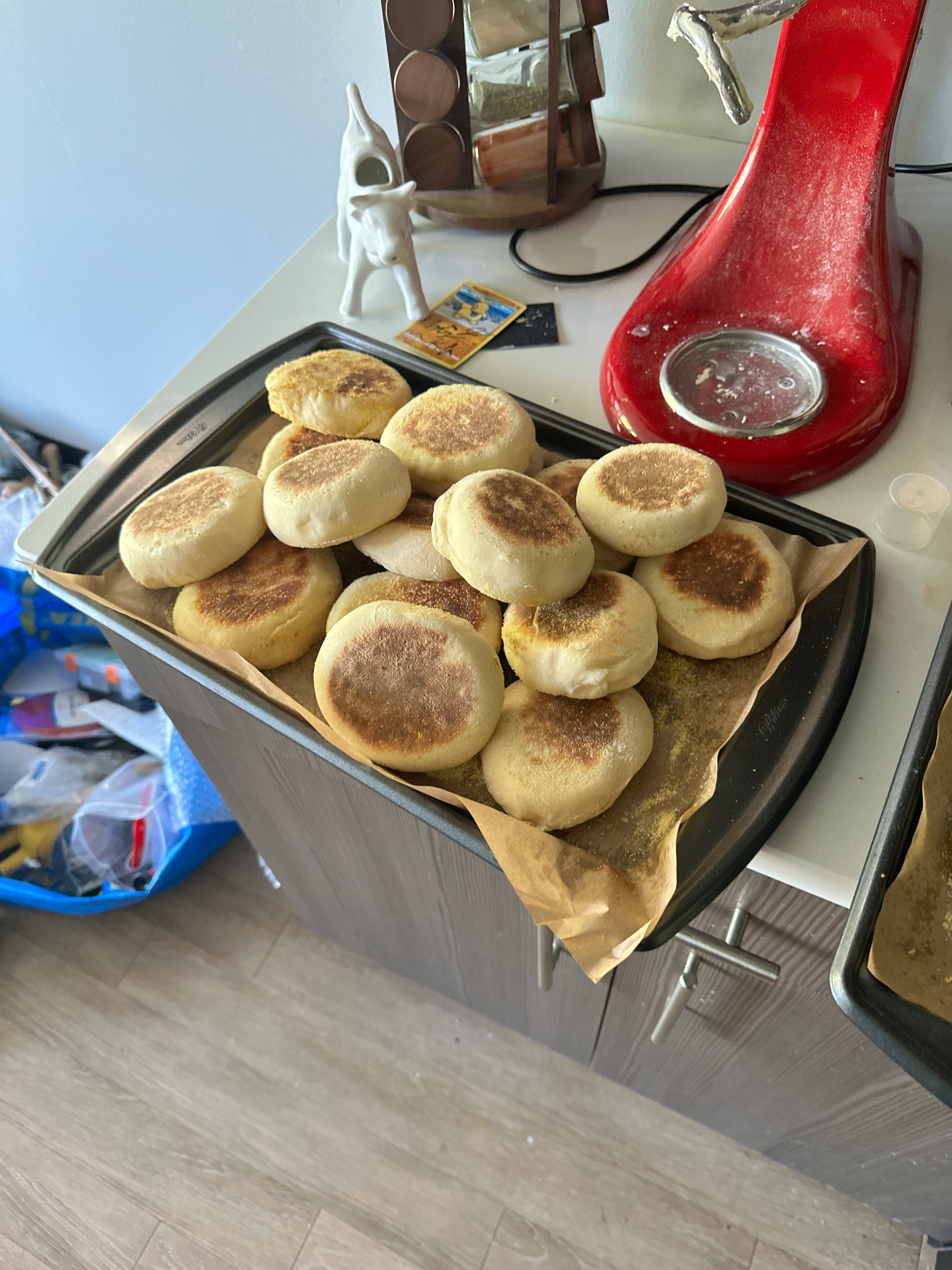 Tray of freshly griddled sourdough English muffins